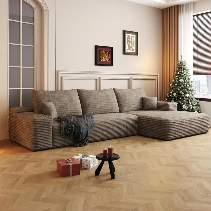 135″ Minimalist Corduroy Sectional  Compressed High-Density Foam Lounge Sofa with Anti-Slip Base