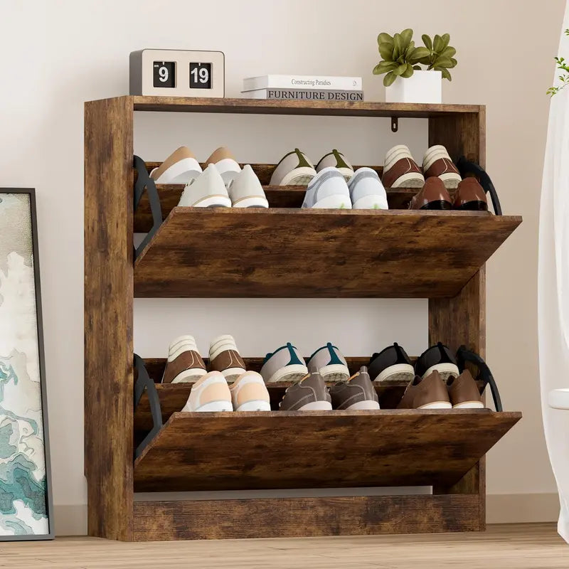 Discreet Freestanding Wood Shoe Cabinet with Three Concealed Flip Drawers
