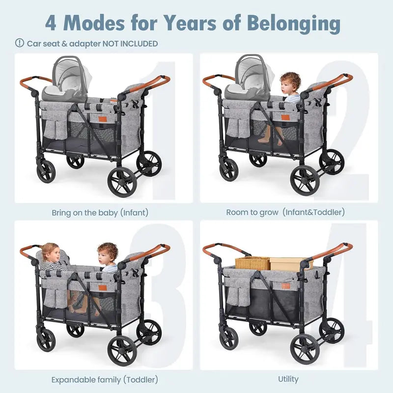 All-Terrain 4-Child Wagon Stroller — Quad-Seater with Canopy, 5-Point Harness, Parent Organizer & Adjustable Handle