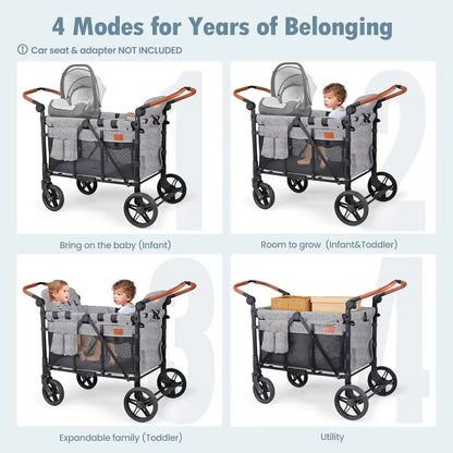All-Terrain 4-Child Wagon Stroller — Quad-Seater with Canopy, 5-Point Harness, Parent Organizer & Adjustable Handle