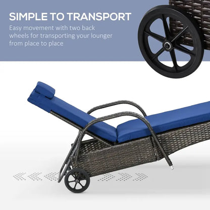 Adjustable PE Rattan Chaise Lounge: Outdoor Sun Lounger with 5-Position Backrest, Headrest & Wheels