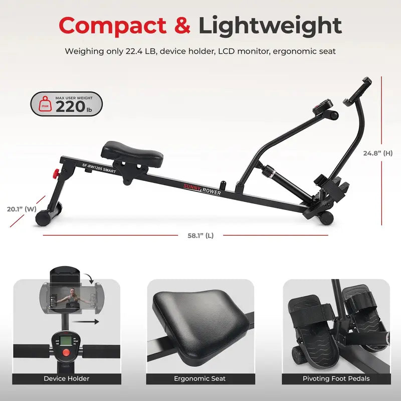 Sunny Health & Fitness SF-RW1205SMART Adjustable Hydraulic Rowing Machine with Bluetooth & Device Holder