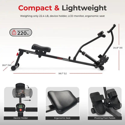 Sunny Health & Fitness SF-RW1205SMART Adjustable Hydraulic Rowing Machine with Bluetooth & Device Holder
