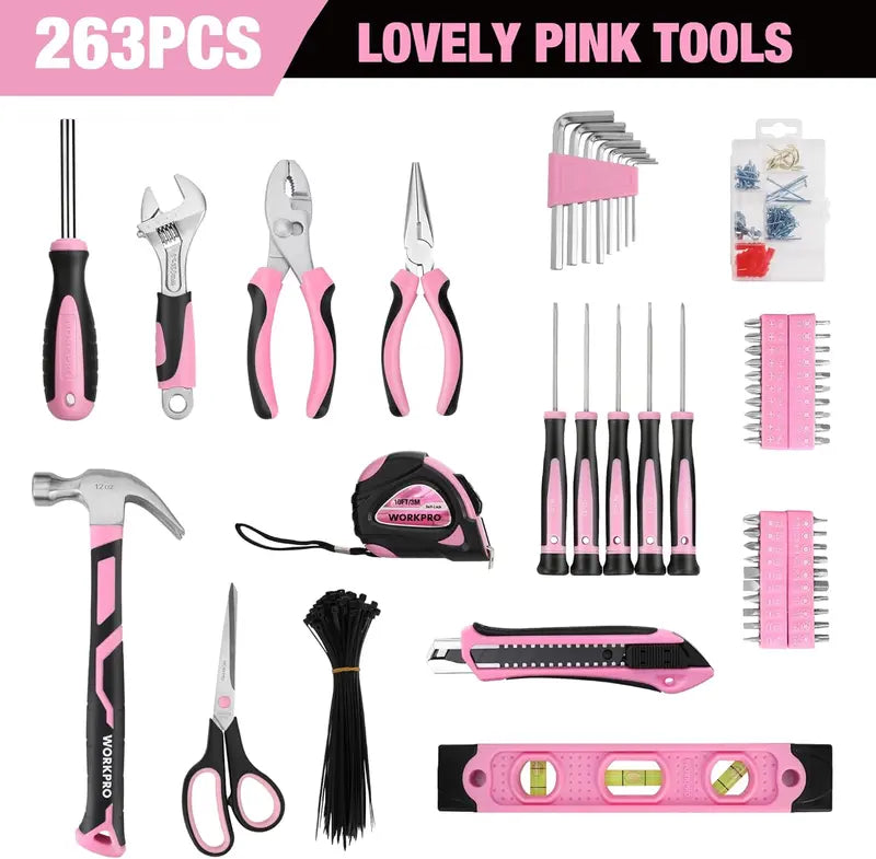 WORKPRO Pink Tool Kit: 263/277-Piece Set with Wide-Mouth Storage Bag