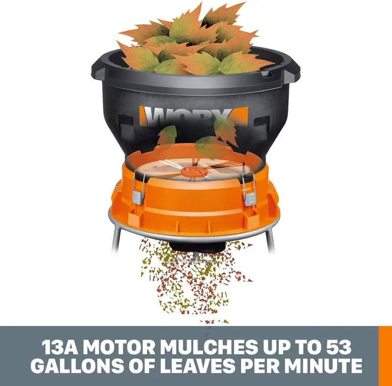 WORX 13Amp Electric Leaf Mulcher, 53Gallon/Min, Portable 20lbs, Flex-a-Line System