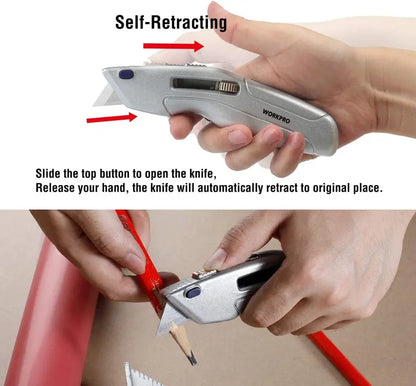 WORKPRO Retractable Utility Knife  Self-Retracting Safety Box with 2 Spare Blades