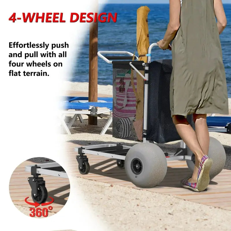 Heavy-Duty Foldable Beach Cart: 12-Inch Balloon Tires, Adjustable Handle & 220-Lb Capacity