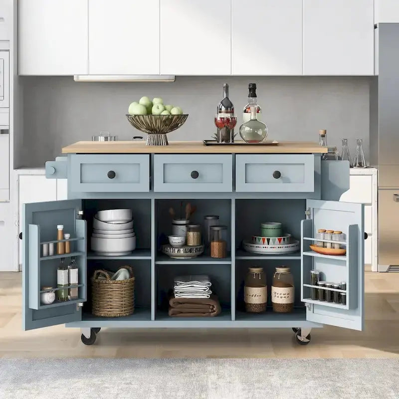 Mobile Kitchen Island on Casters  5-Wheel Design with Cabinet & Triple Drawers
