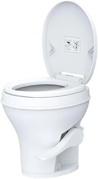 RV Toilet by [Brand]  Standard Height, Gravity Flush, Foot Pedal, Soft Close Lid, Sprayer Attachment, White