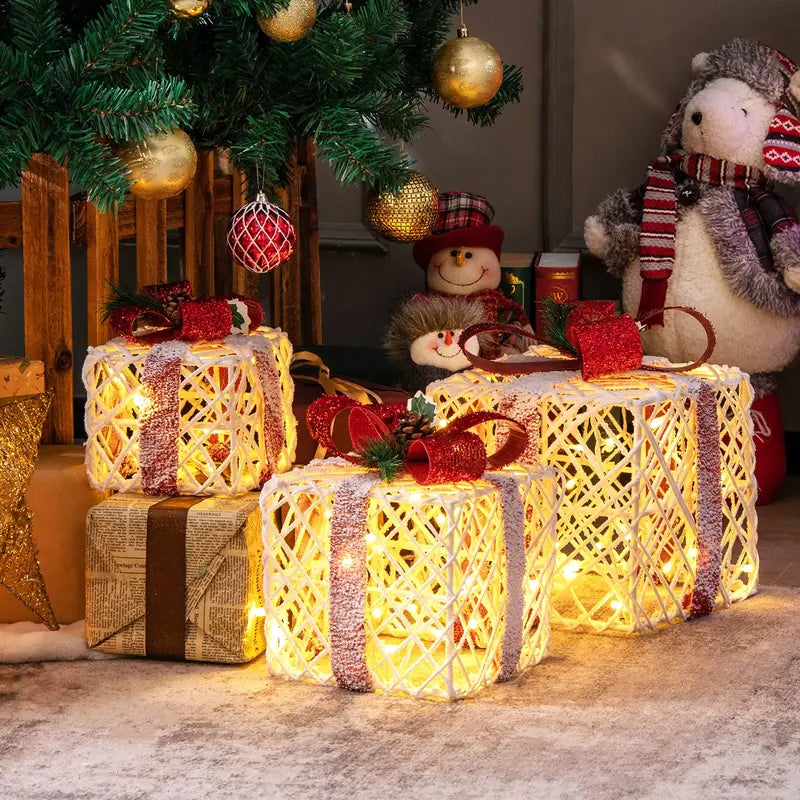 Lighted Christmas Gift Box Ornaments  Set of 3 White LED-Illuminated Decorative Boxes