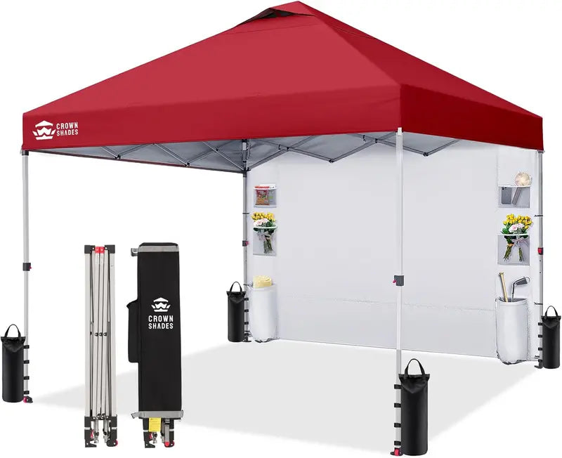CROWN SHADES 10′ x 10′ Pop-Up Canopy: One-Touch Setup with Center-Lock Mechanism, Integrated Sidewall Pockets, and Portable Beach or Camping Shelter
