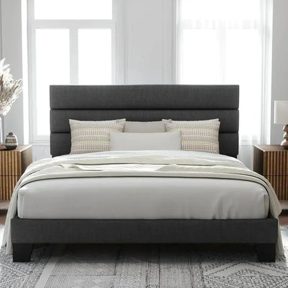 Allewie King Platform Bed Frame  Velvet-Upholstered Headboard with Solid Wood Slats