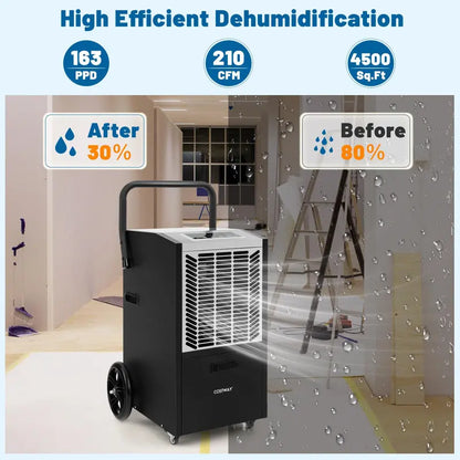 163-Pint Commercial Dehumidifier  Heavy-Duty Unit with Drain Pump & Hose, Ideal for 4,500 Sq. Ft Spaces