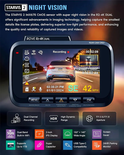 Dual-Camera Dash Cam  Front & Rear Recording with Starvis 2 Sensors, 5G WiFi & 24H Parking Mode