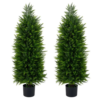 Set of 2 Artificial Cedar Cypress Plants in Cement-Filled Pots (4 FT Tall)