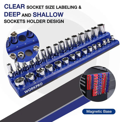 WORKPRO Magnetic Socket Organizer  6-Piece Tray System for 1/4″, 3/8″, and 1/2″ Drives, Holds 141 Standard Sizes