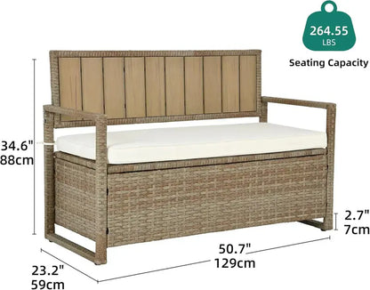 DWVO 70-Gallon Outdoor Storage Bench with Wicker Finish, Cushion & Composite Backrest