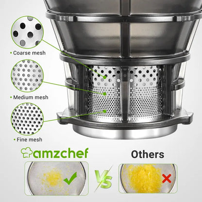 AMZCHEF Masticating Juicer  5.3-Inch Feed Chute, Slow Cold-Press Technology