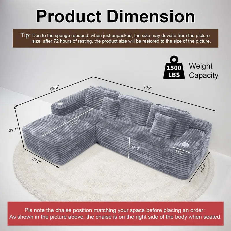 Cloud L-Shaped Sectional Sofa  Modular Deep-Seat Design with Built-in Cup Holder & Storage, No Assembly