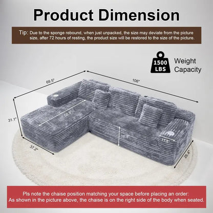 Cloud L-Shaped Sectional Sofa  Modular Deep-Seat Design with Built-in Cup Holder & Storage, No Assembly