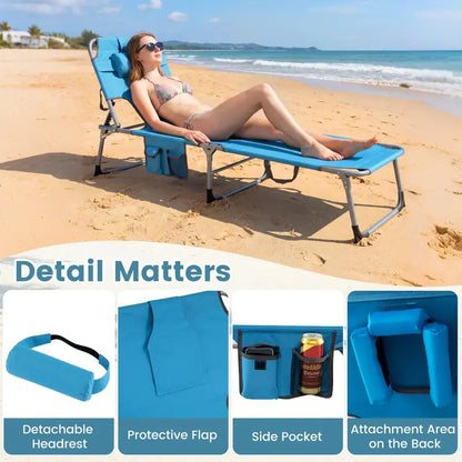 Adjustable Beach Lounge Chair  Folding Sun Lounger with 4-Position Reclining Backrest