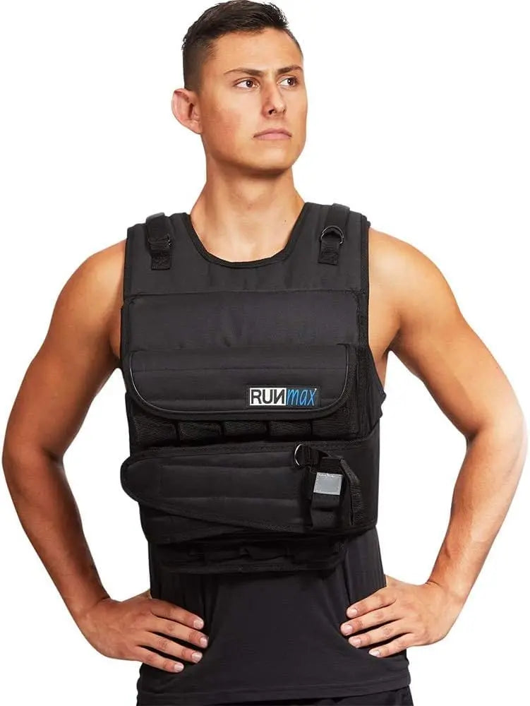 RUNmax Adjustable Weighted Vest 150LBS with Shoulder Pads, Black Nylon, Unisex Fitness Training