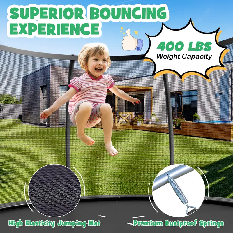 8FT / 10FT / 12FT Outdoor Trampoline  400 lb Capacity Enclosed Recreational Bounce Platform