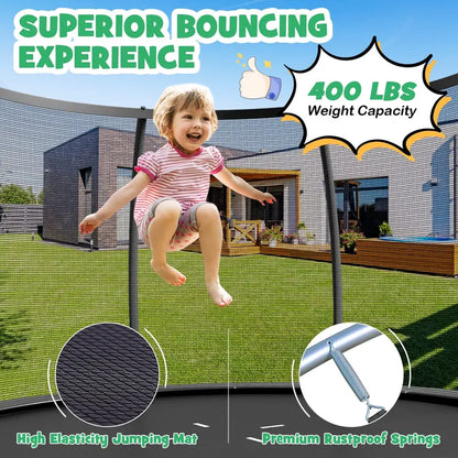 8FT / 10FT / 12FT Outdoor Trampoline  400 lb Capacity Enclosed Recreational Bounce Platform