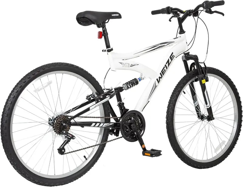 WEIZE Dual-Suspension Mountain Bike  26″ or 27.5″ Hybrid Off-Road Bicycle for Adults, 18-Speed Shimano Drivetrain, Steel Frame, Adjustable Ergonomic Saddle