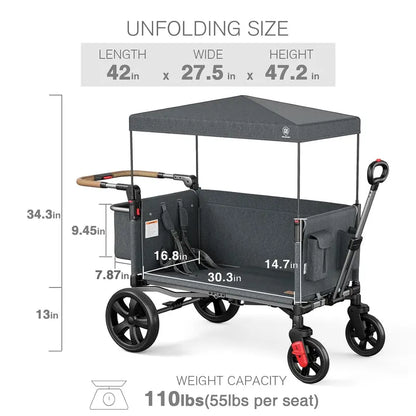 Dual-Child Side-Zip Wagon Stroller  Adjustable Push-Pull Handle, Front-Zip Access, 5-Point Harness & UV Canopy, All-Terrain Wheels, Grey