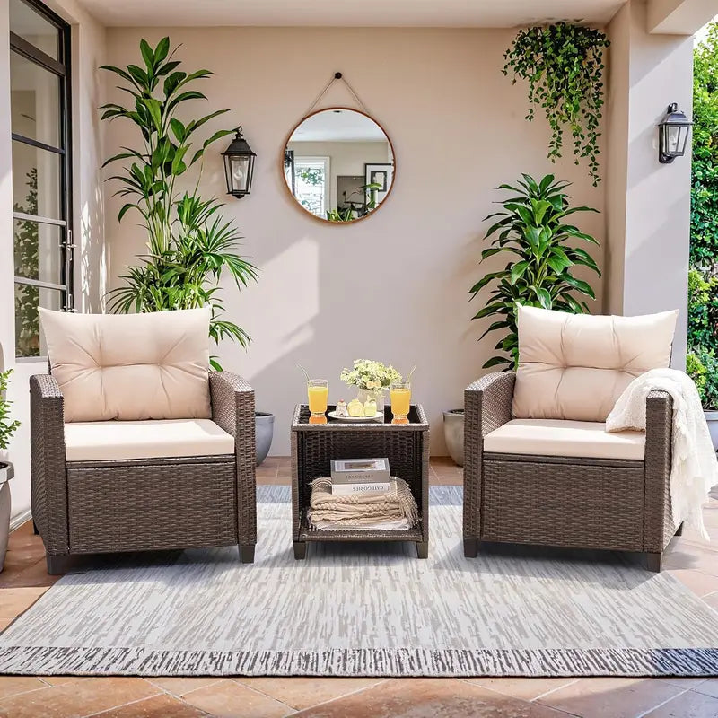 Devoko 3-Piece PE Rattan Bistro Set Featuring Upgraded Chairs & Compact Glass Table