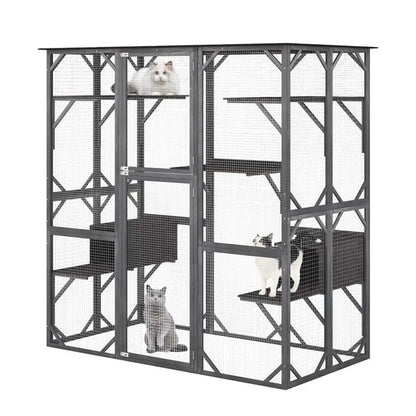 71-Inch Walk-In Outdoor Catio Enclosure  Wooden Kitty Playpen with Seven Tiered Platforms & Secure Shelter Design