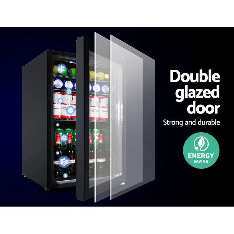 Devanti 70L Glass-Door Bar Fridge  Illuminated Black Mini Refrigerator