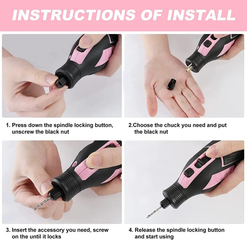 WORKPRO 12V Cordless Rotary Tool Kit  5-Speed Adjustable Mini Grinder with 114 Accessories and Pink Ribbon Packaging