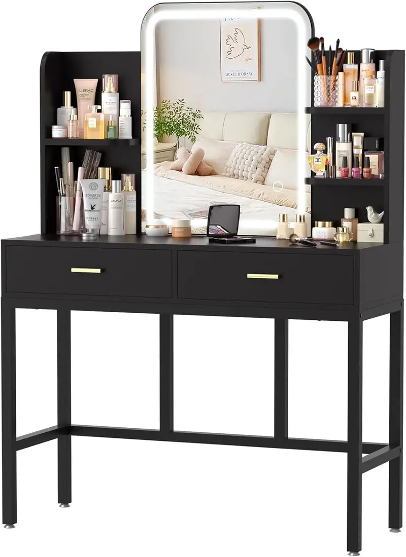 Adjustable LED Vanity Desk  White Dressing Table with Mirror, 2 Drawers, Open Shelves & 3-Color Brightness Control