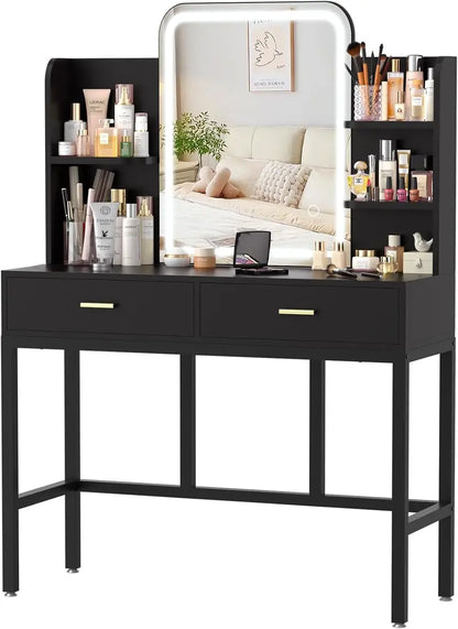 Adjustable LED Vanity Desk  White Dressing Table with Mirror, 2 Drawers, Open Shelves & 3-Color Brightness Control