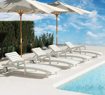 Set of 4 Wooden Poolside Chaise Lounges  5-Position Adjustable Recliners with Pull-Out Side Tables, Patio or Deck Ready