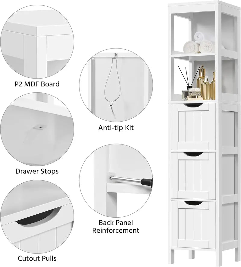 Yaheetech Freestanding Bathroom Floor Cabinet  Two-Drawer White Wooden Organizer with Side Rack & Shelf