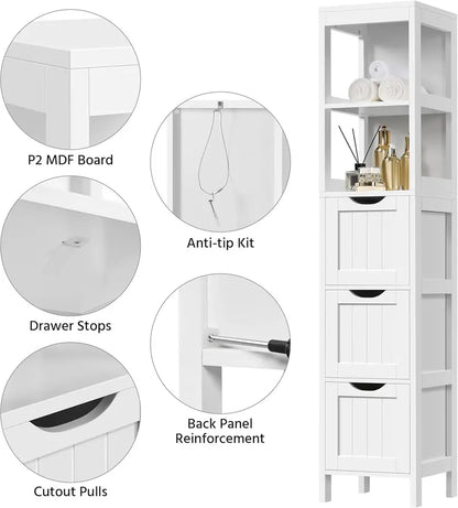 Yaheetech Freestanding Bathroom Floor Cabinet  Two-Drawer White Wooden Organizer with Side Rack & Shelf