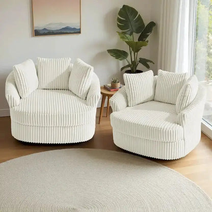 Set of Two Plush Corduroy Swivel Barrel Chairs  43¡å Wide with Decorative Pillows