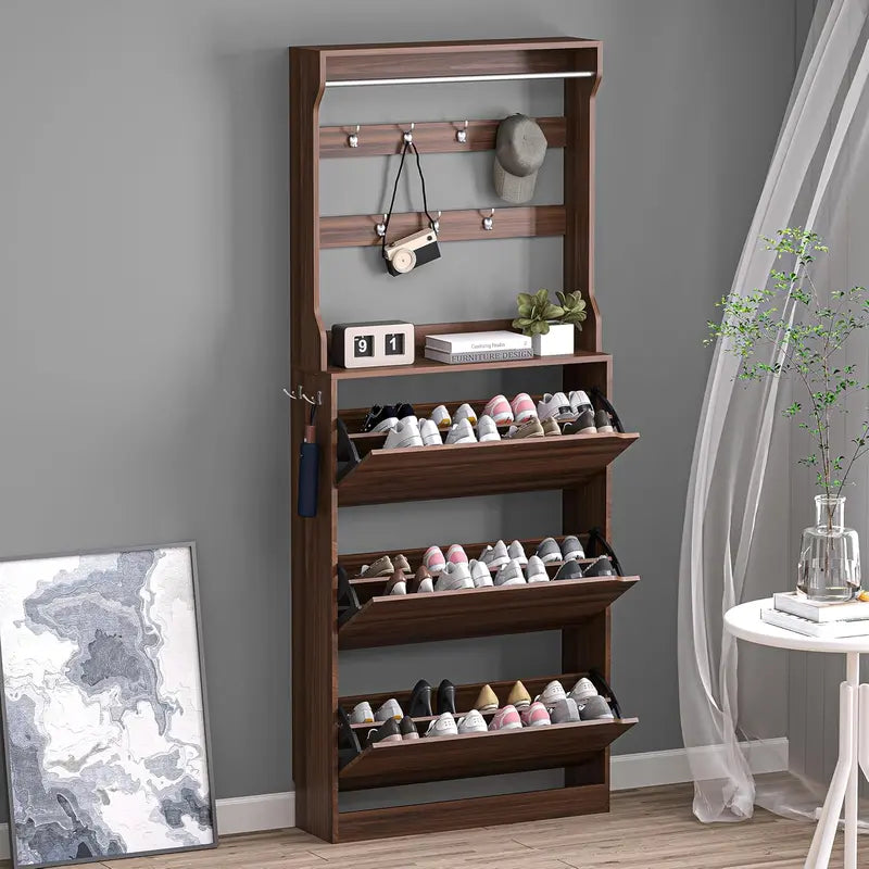 Discreet Freestanding Wood Shoe Cabinet with Three Concealed Flip Drawers
