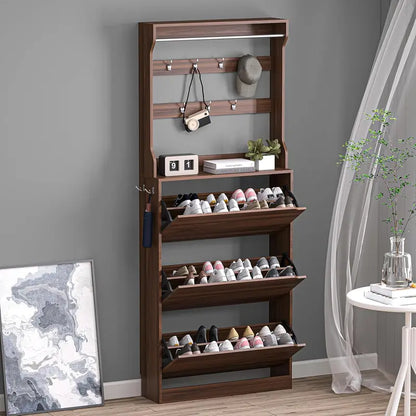 Discreet Freestanding Wood Shoe Cabinet with Three Concealed Flip Drawers