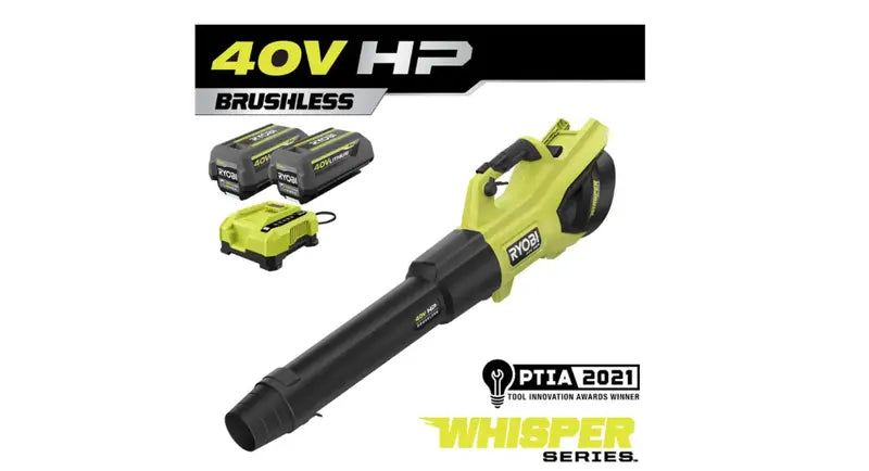 RYOBI 40V HP Cordless Leaf Blower  Brushless Motor, 730 CFM & 190 MPH Air Speed, Ultra-Quiet 57 dB with Dual 4.0Ah Batteries and Charger