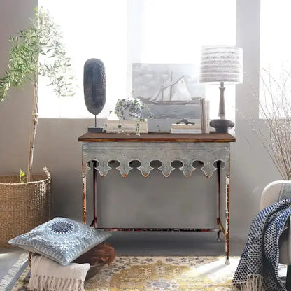 Zinc-Finished Scalloped Edge Sofa Table  Wood-and-Metal Accent Piece
