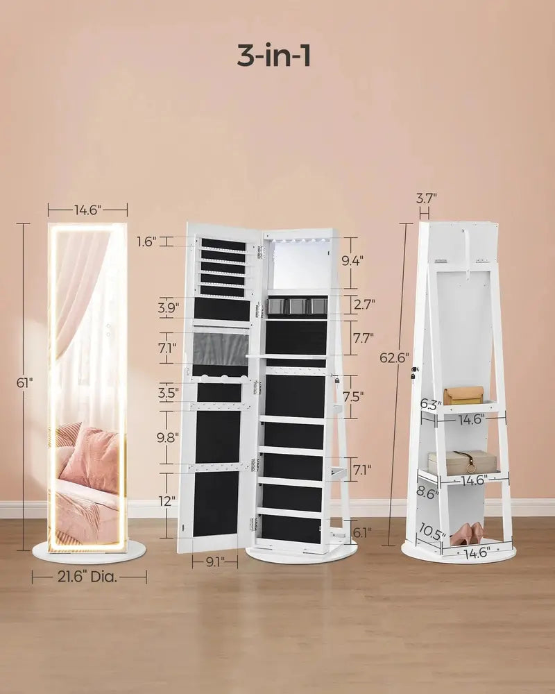 LED-Lit Standing Jewelry Armoire  Full-Length Mirror Cabinet with Adjustable Brightness & Organized Storage