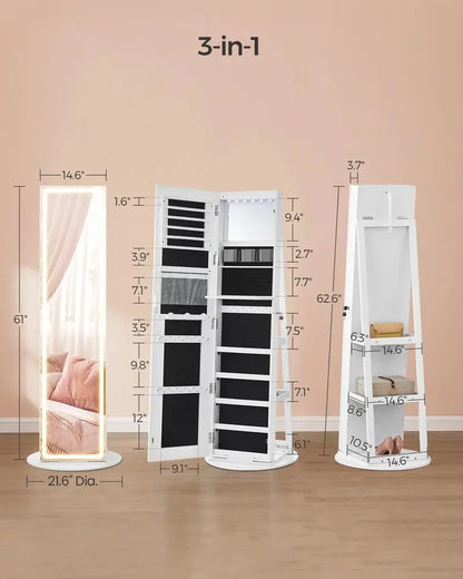 LED-Lit Standing Jewelry Armoire  Full-Length Mirror Cabinet with Adjustable Brightness & Organized Storage