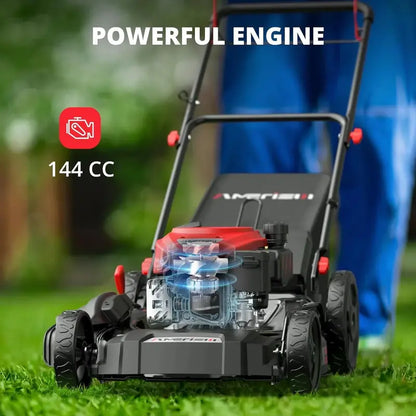 21-Inch Heavy-Duty Gas-Powered Lawn Mower with 144cc 4-Stroke Engine, 3-in-1 Functionality, and Adjustable Cutting Height