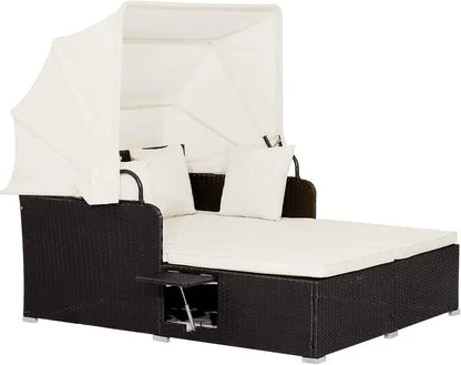 RELAX4LIFE 2-Person Rattan Patio Daybed with Retractable Canopy, Cushions, Pillows &amp; Side Trays (Turquoise)