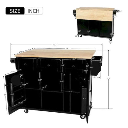 Mobile Kitchen Island on Casters  5-Wheel Design with Cabinet & Triple Drawers