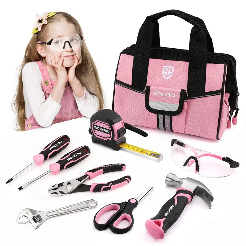 WORKPRO Kids’ Junior Tool Set  9-Piece with Pink/Blue Bag  Pink Ribbon Edition